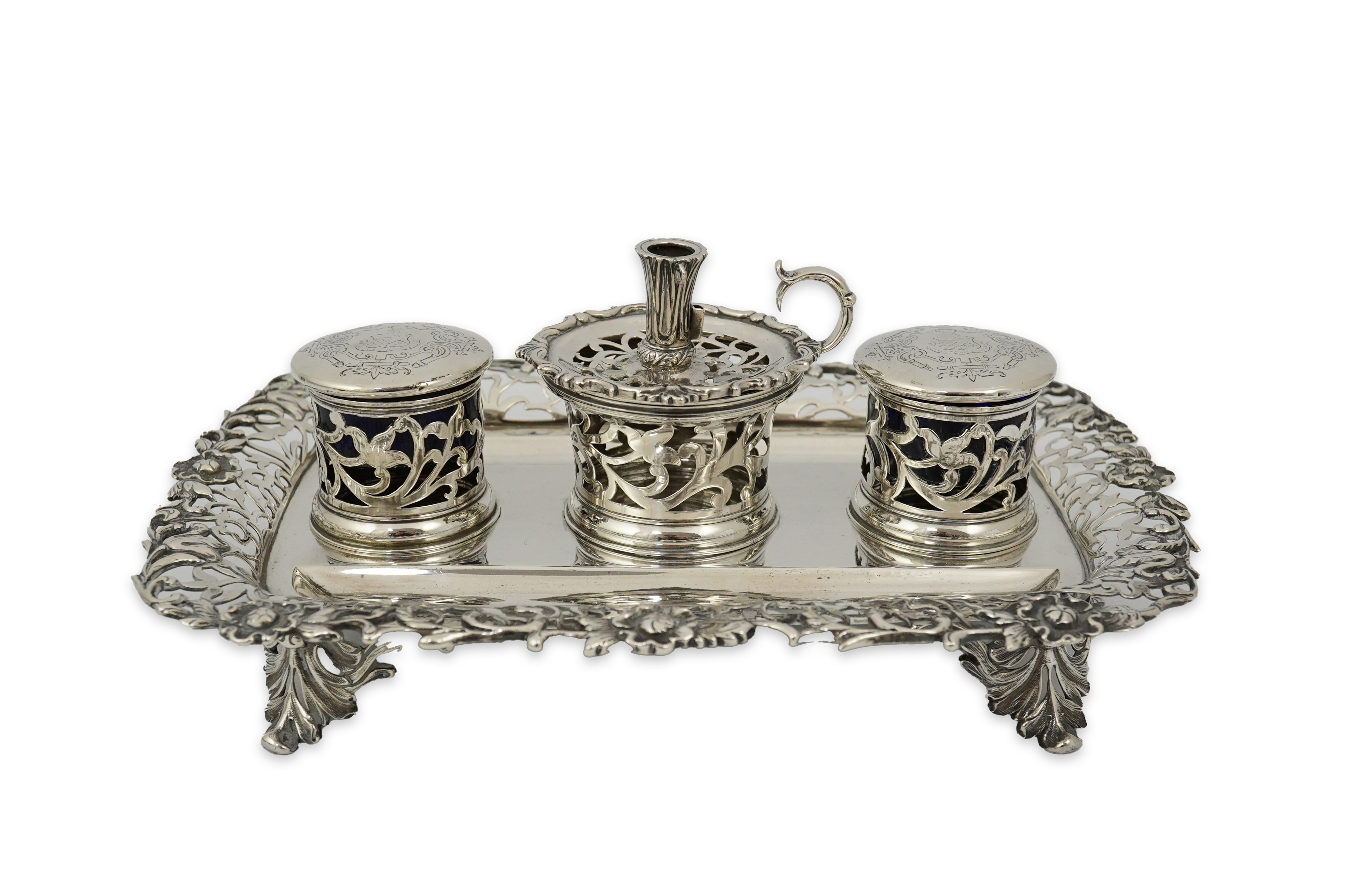 An early Victorian silver rounded rectangular inkstand, by Joseph Angell I and Joseph Angell II